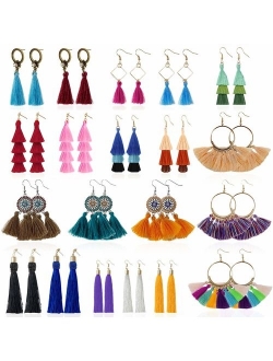 Tassel Earrings for Women - 20 Pairs Colorful Bohemian Long Layered Fringe Earrings Set Hoop Tiered Dangle Drop Tassle Earrings Pack Fashion Jewelry for Christmas Valenti