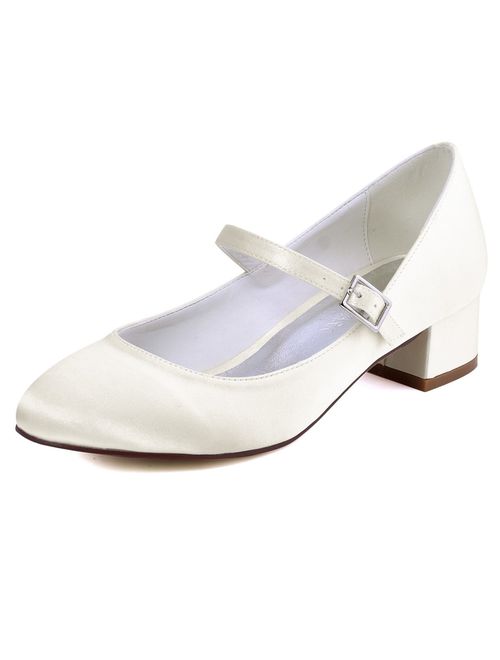 ElegantPark Women Closed Toe Chunky Heel Mary Jane Pumps Satin Evening Wedding Dress Shoes