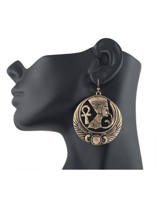 Antique Goldtone Embedded Nefertiti, Ankh Cross and Wings Design Dangle Earrings (R-3665)