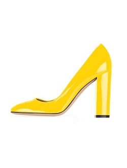 Sammitop Women's Round Toe Patent High Block Heel Pumps Chunky Heels Office Dress Shoes