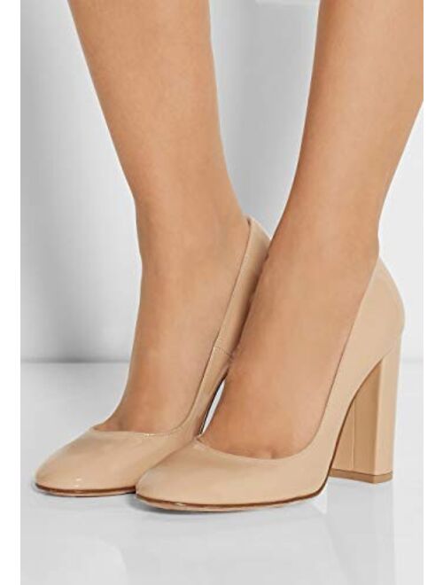 SAMMITOP Women/'s Round Toe Patent High Block Heel Pumps Chunky Heels Office Dress Shoes