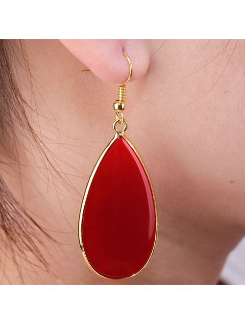 SUNYIK Women's Stone Slice Dangle Drop Earrings for Women, Round Teardrop Shape