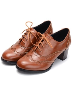 Odema Womens PU Leather Oxfords Brogue Wingtip Lace up Chunky High Heel Shoes Dress Pumps Oxfords