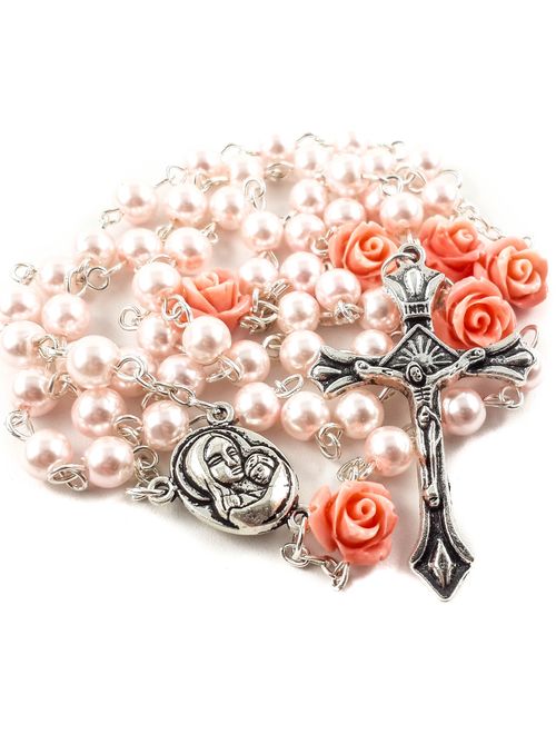 Nazareth Store Catholic Pink Pearl Beads Rosary Necklace 6pcs Our Rose Holy Soil Medal & Cross