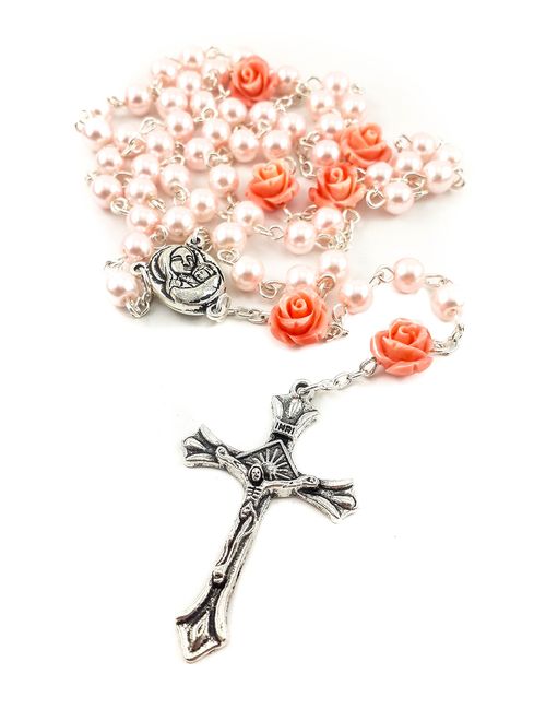 Nazareth Store Catholic Pink Pearl Beads Rosary Necklace 6pcs Our Rose Holy Soil Medal & Cross