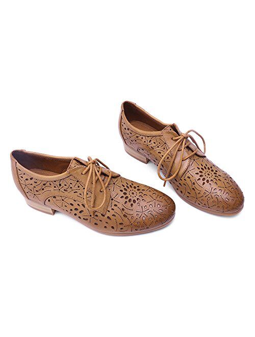 Mona flying Women's Leather Perforated Lace-up Oxfords Brogue Wingtip Derby Saddle Shoes for Girls ladis Women