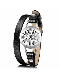 Essential Oil Diffuser Bracelet,Stainless Steel Aromatherapy Locket Bracelets Leather Band with 8 Color Pads,Girls Women Jewelry Gift Set (Tree black)