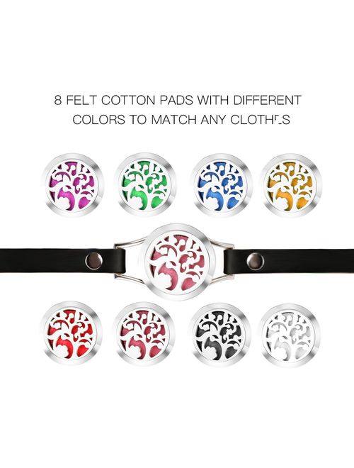 Essential Oil Diffuser Bracelet,Stainless Steel Aromatherapy Locket Bracelets Leather Band with 8 Color Pads,Girls Women Jewelry Gift Set (Tree black)