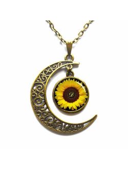 Crescent Moon Necklace,Sunflower pendant, Yellow Sunflower necklace, sunflower jewelry,spring jewelry, yellow flower gift idea for friends, family
