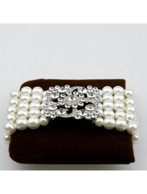 Zking Art Deco Bracelet Gatsby 5 Rows Fashion Faux Pearl Elastic Bangle 20s Flapper Accessories Jewelry