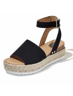 DailyShoes Women's Casual Espadrilles Trim Rubber Sole Flatform Studded Wedge Buckle Ankle Strap Open Toe Sandals