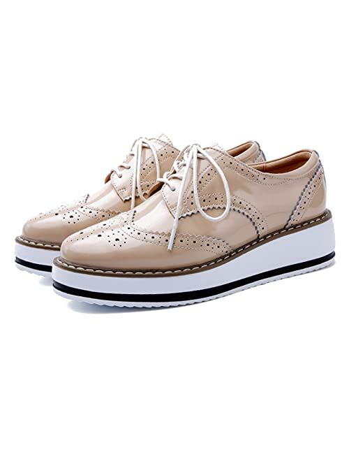 YING LAN Women's Platform Lace-Up Wingtips Square Toe Oxfords Shoe
