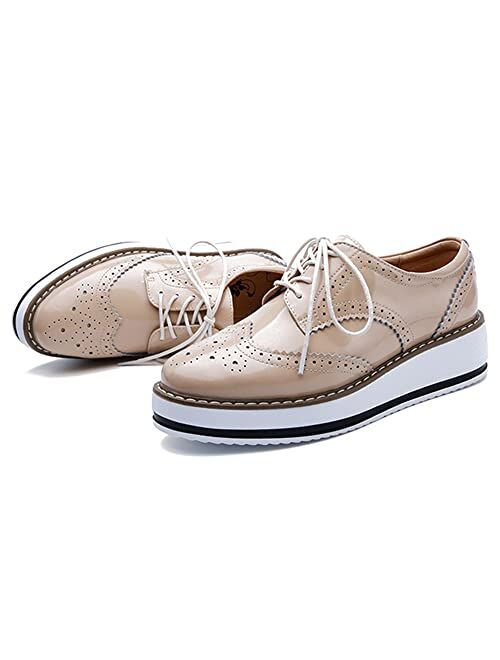 YING LAN Women's Platform Lace-Up Wingtips Square Toe Oxfords Shoe