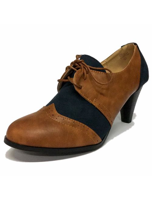 Chase & Chloe Dora-5 Two Tone Lace Up Low Heel Women's Oxford