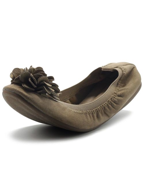 Ollio Women's Shoes Faux Suede Decorative Flower Slip On Comfort Light Ballet Flat