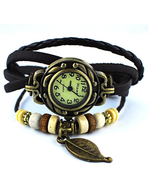 Yunanwa Pack of 6 Women's Watches Vintage Wrap Around Bead Leaf Bracelet Quartz Wholesale Set