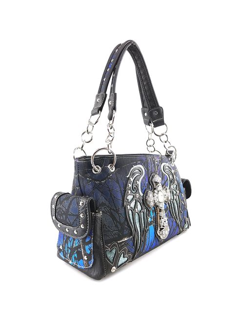 Justin West Camouflage Tree Branches Bling Rhinestone Cross Wings Handbag Purse Messenger Bags and Wallets