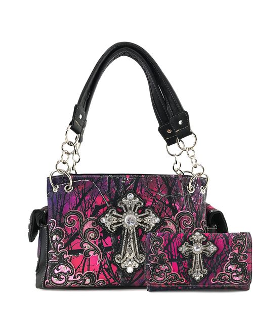 Justin West Camouflage Tree Branches Bling Rhinestone Cross Wings Handbag Purse Messenger Bags and Wallets