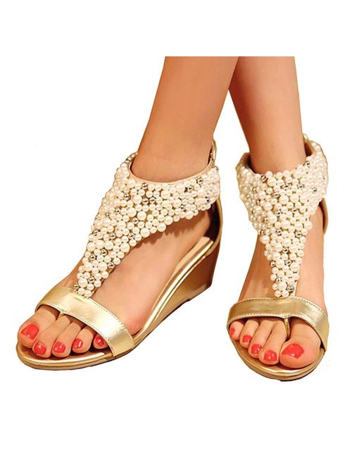 GETMOREBEAUTY Women's Ankle Strappy Across Pearls Peep Toes Zipped Sandals
