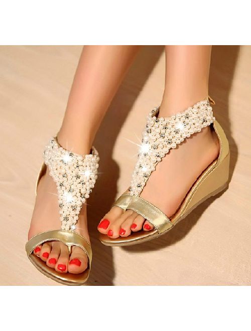 GETMOREBEAUTY Women's Ankle Strappy Across Pearls Peep Toes Zipped Sandals