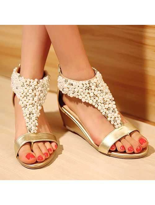 GETMOREBEAUTY Women's Ankle Strappy Across Pearls Peep Toes Zipped Sandals