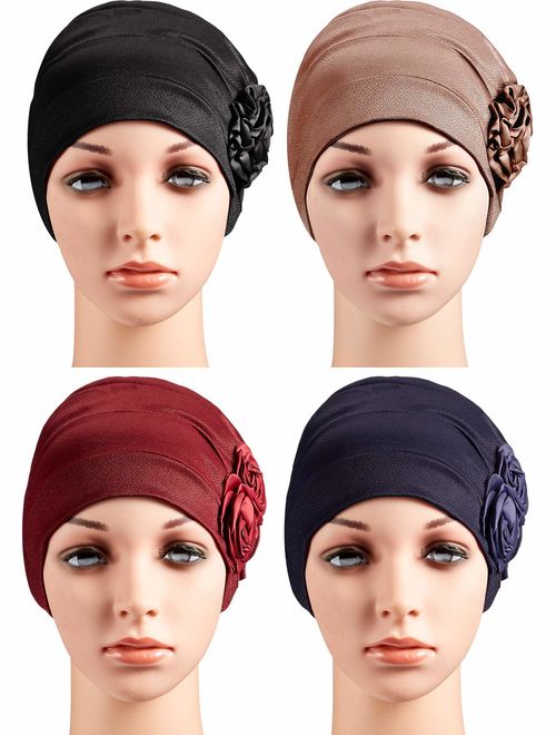 4 Pieces Turban Flower Head Wrap Beanie Scarf Cap Hair Loss Hat for Men and Women