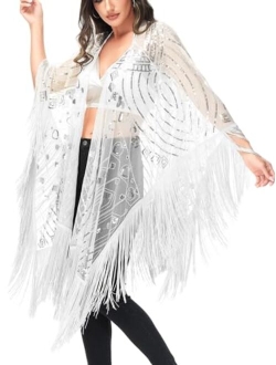 Anna-Kaci Women Oversize Hand Beaded Fringed Sequin Evening Shawl Wrap Cover Up