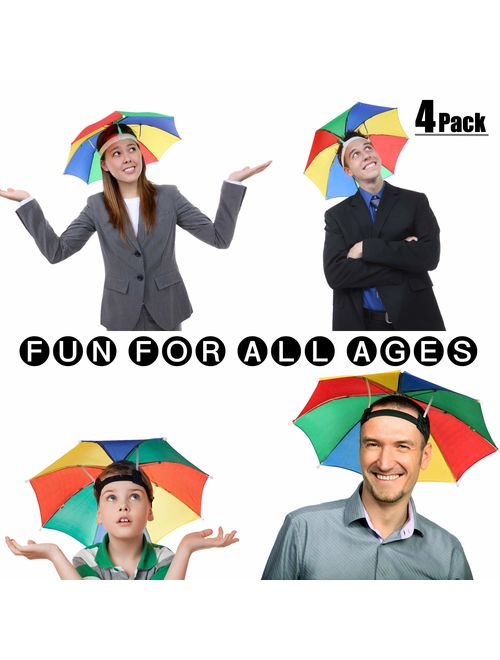 Bedwina Umbrella Hat (Pack of 4) - 20 Inch, Hands Free, Funny Rainbow Colorful Beach Party Hats, Adjustable Size Fits All Ages, Kids, Men & Women