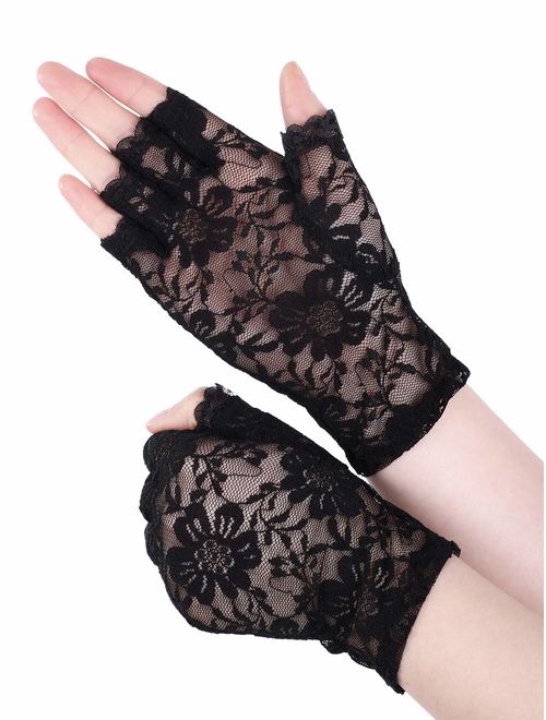 3 Pairs Women Lace Gloves Floral Lace Gloves Sun Protection Lace Gloves Dressy Gloves for Wedding Dinner Parties