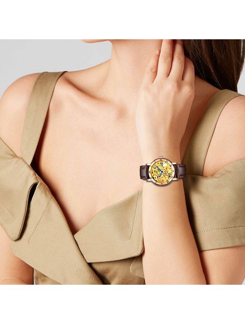 IK Women's Steampunk Automatic Mechanical Watch, Genuine Leather Watch Band Strap Self Winding Lady Dress Wrist Bracelet Watch