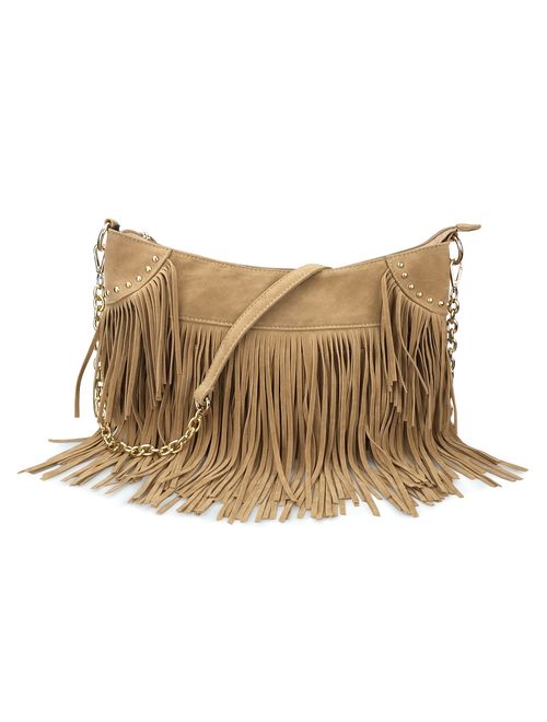 Hoxis Studded Tassel Faux Suede Leather Hobo Cross Body Chain Shoulder Bag Women's Satchel