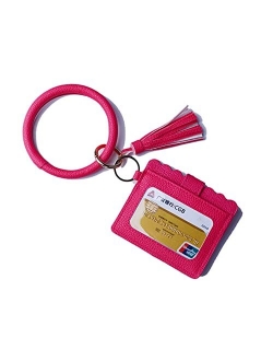 Lantintop Multifunctional Bangle Key Ring Card Holder PU Leather Round Keychain Wallet With Matching Wristlet For Women Girls