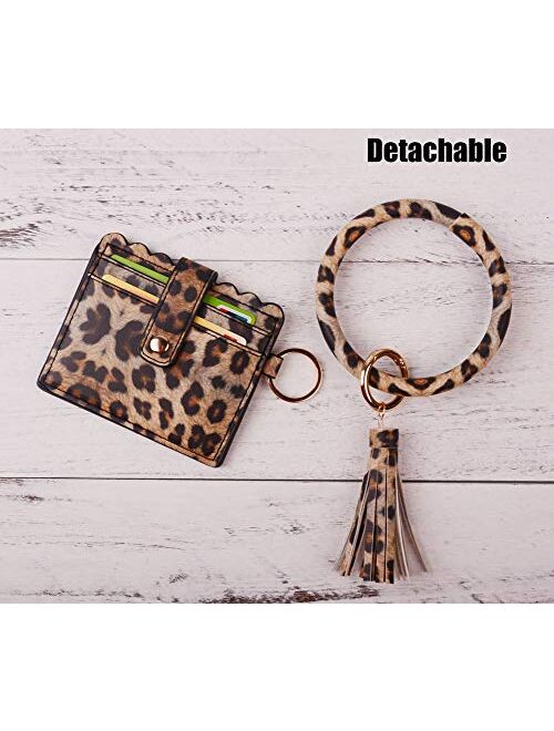 Lantintop Multifunctional Bangle Key Ring Card Holder PU Leather Round Keychain Wallet With Matching Wristlet For Women Girls