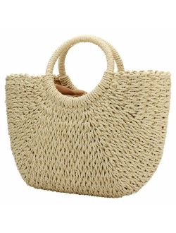 Hand-woven Straw Large Hobo Bag for Women Round Handle Ring Toto Retro Summer Beach Straw Bag