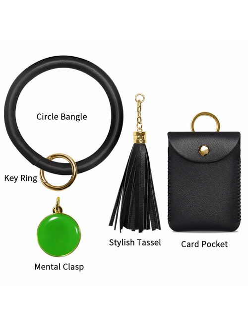 Keychain Wallet Bracelet, COCASES Key Ring Bracelet and Credit Card Pocket Leather Tassel Wrist Bangle Key Chains for Women Girl