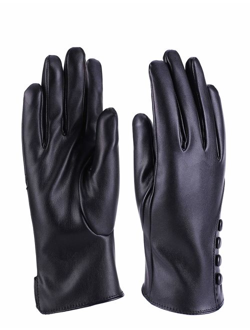 Winter Leather Gloves for Women Warm Cashmere Lining Thick Windproof Outdoor Hand Mittens Touch Screen with buttons