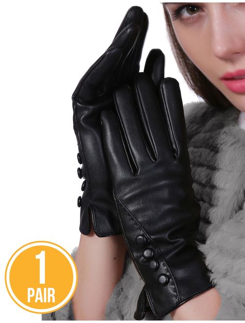 Winter Leather Gloves for Women Warm Cashmere Lining Thick Windproof Outdoor Hand Mittens Touch Screen with buttons
