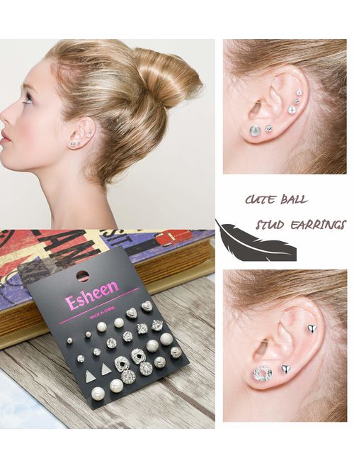 Hanpabum 33 Pairs Assorted Multiple Stud Hoop Earrings Set Women Girls Vintage GeometricFake Pearl Round BallCZ Earrings Pack