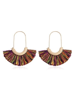 Bohemian Silky Thread Tassel Strand Fringe Statement Hoop Earrings - Lightweight Semi Circle Fan Threader, Mermaid Hoops
