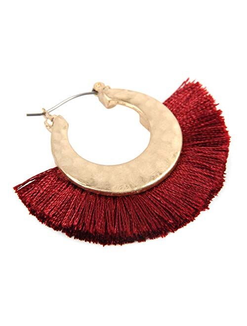 Riah Fashion Bohemian Silky Thread Tassel Strand Fringe Statement Hoop Earrings - Lightweight Semi Circle Fan Threader, Mermaid Hoops