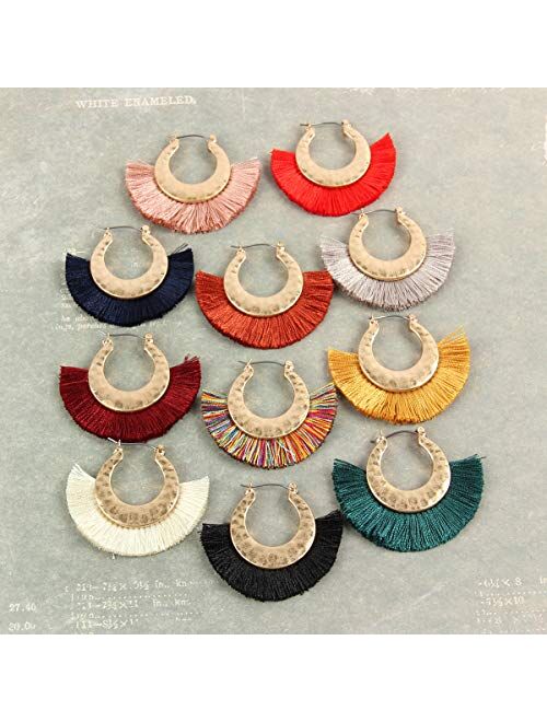 Riah Fashion Bohemian Silky Thread Tassel Strand Fringe Statement Hoop Earrings - Lightweight Semi Circle Fan Threader, Mermaid Hoops