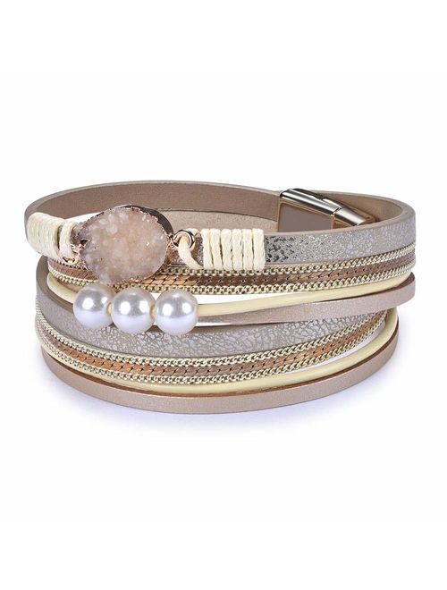 Cakadier Womens Leather Wrap Bracelet, Baroque Pearl Cuff Bracelets Multilayer Bangle Handmade Wristbands Jewelry Bohemian Gift for Women, Teen Girls, Mother