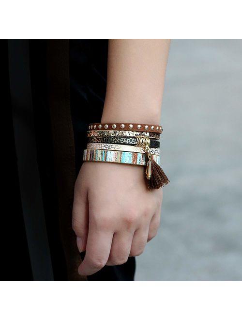 MallDou Jewelry Tree of Life Wrap Boho Leather Wide Cuff Handmade Wristbands Braided Magnetic Buckle Bangle Bracelet Gift for Women Girl