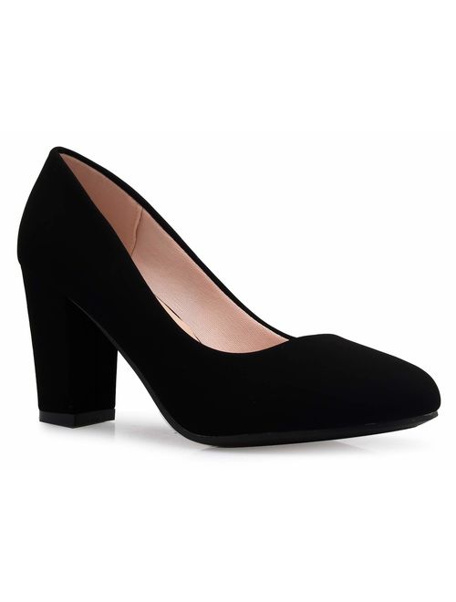 Olivia K Women's Black Classic Round-Toe Platform High Block Heel Pumps