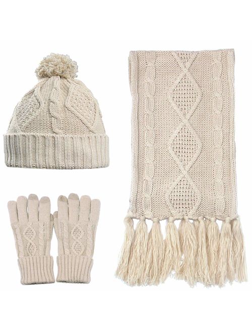 AGOOL Scarf Hat Gloves Set Women - Gift for Women Pom Beanie Warm Thick Cable Knit Touch Screen Gloves Long Scarf 3pcs Winter