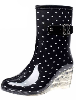 Odema Women's Mid Calf Rain Boots Buckle Side Zipper Wedge High Heel Waterproof Shoes Snow Wellies Bootie