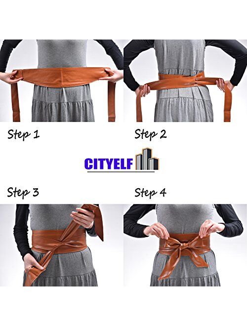 Woman Leatherette Wide Waistband Obi Belt Cityelf Faux Leather Wrap Around Lace Up Cinch Band Wide Self Tie Cummerbund