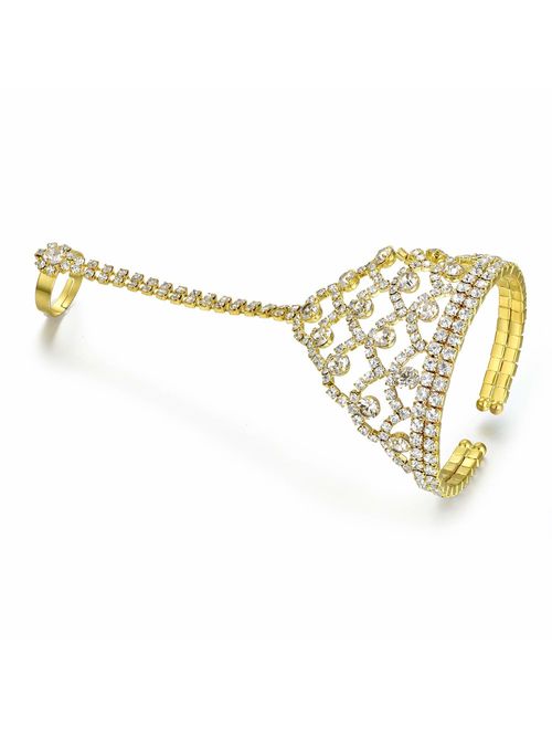 FHMZ Women's Hand Chain Bracelet with Ring Crystal Rhinestone Flower