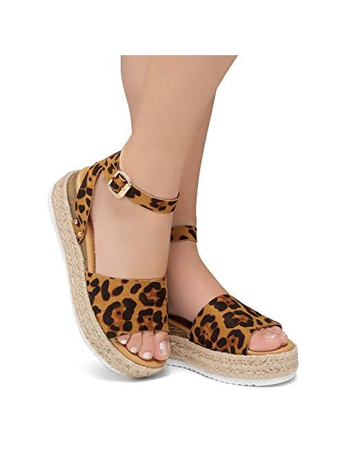 Shoe Land Legossa Womens Open Toe Ankle Strap Platform Wedge Shoes Casual Espadrilles Trim Flatform Studded Wedge Sandals