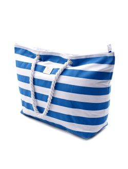 Large Canvas Striped Beach Bag - Top Zipper Closure - Waterproof Lining - Tote Shoulder Bag For Gym Beach Travel